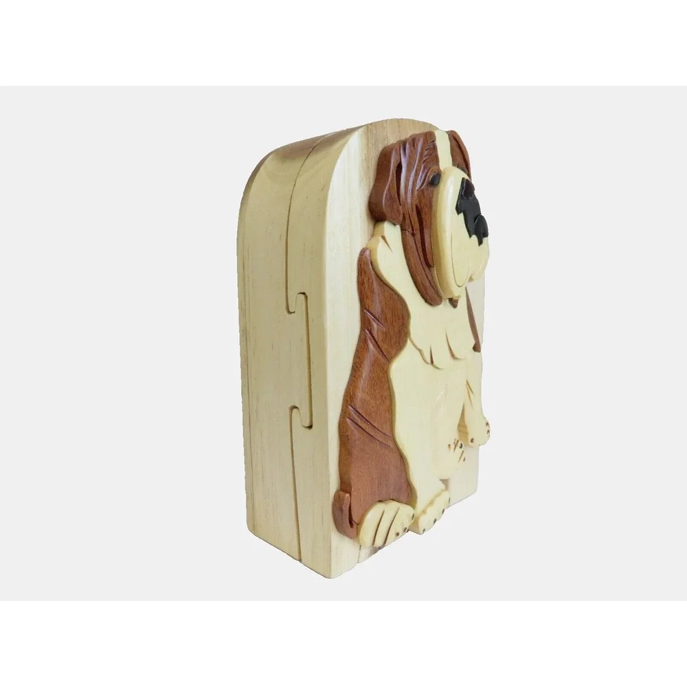 Carver Dan's Hand‎ Crafted Wooden Dog Puzzle Secret Compartment Box BULLDOG
